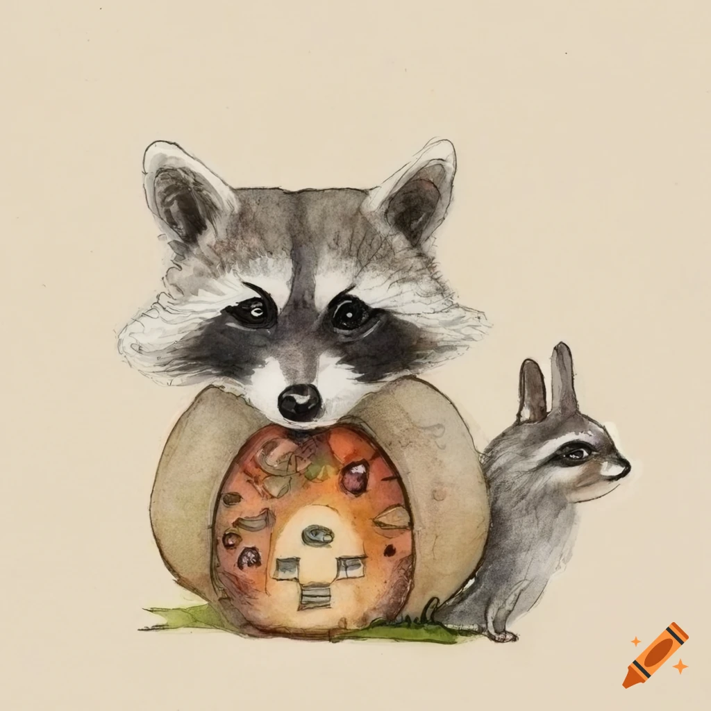 Watercolor pencil drawing of a raccoon and rabbit in a clearing on Craiyon