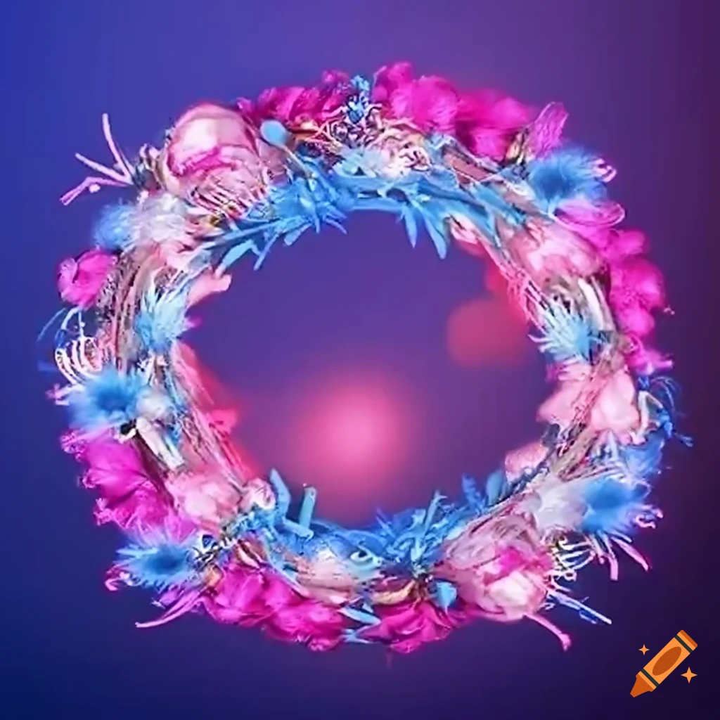 decorative wreath made of pink honeysuckle and blue thistle flowers
