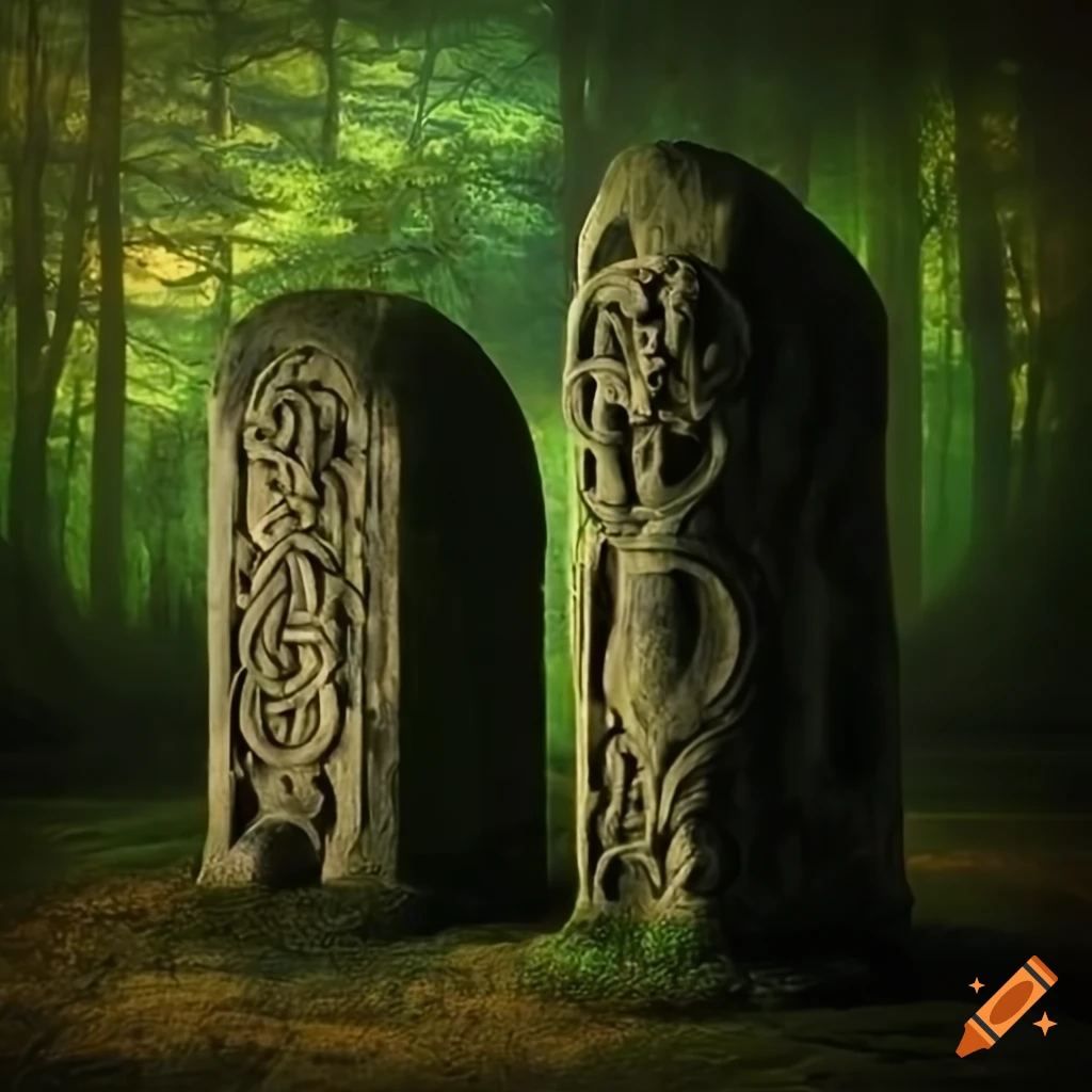 baroque artwork of carved stones in a mysterious forest
