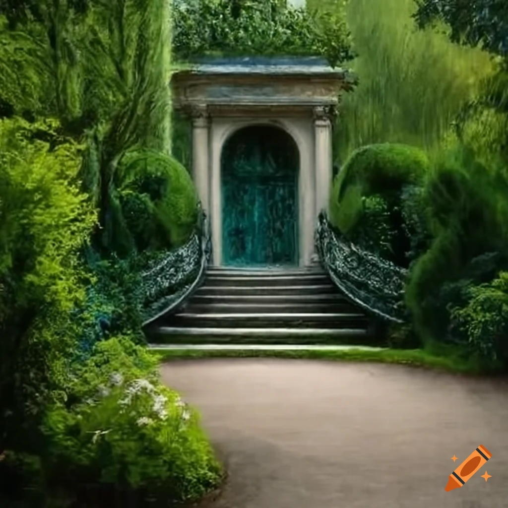 Renaissance-style garden with curved staircase