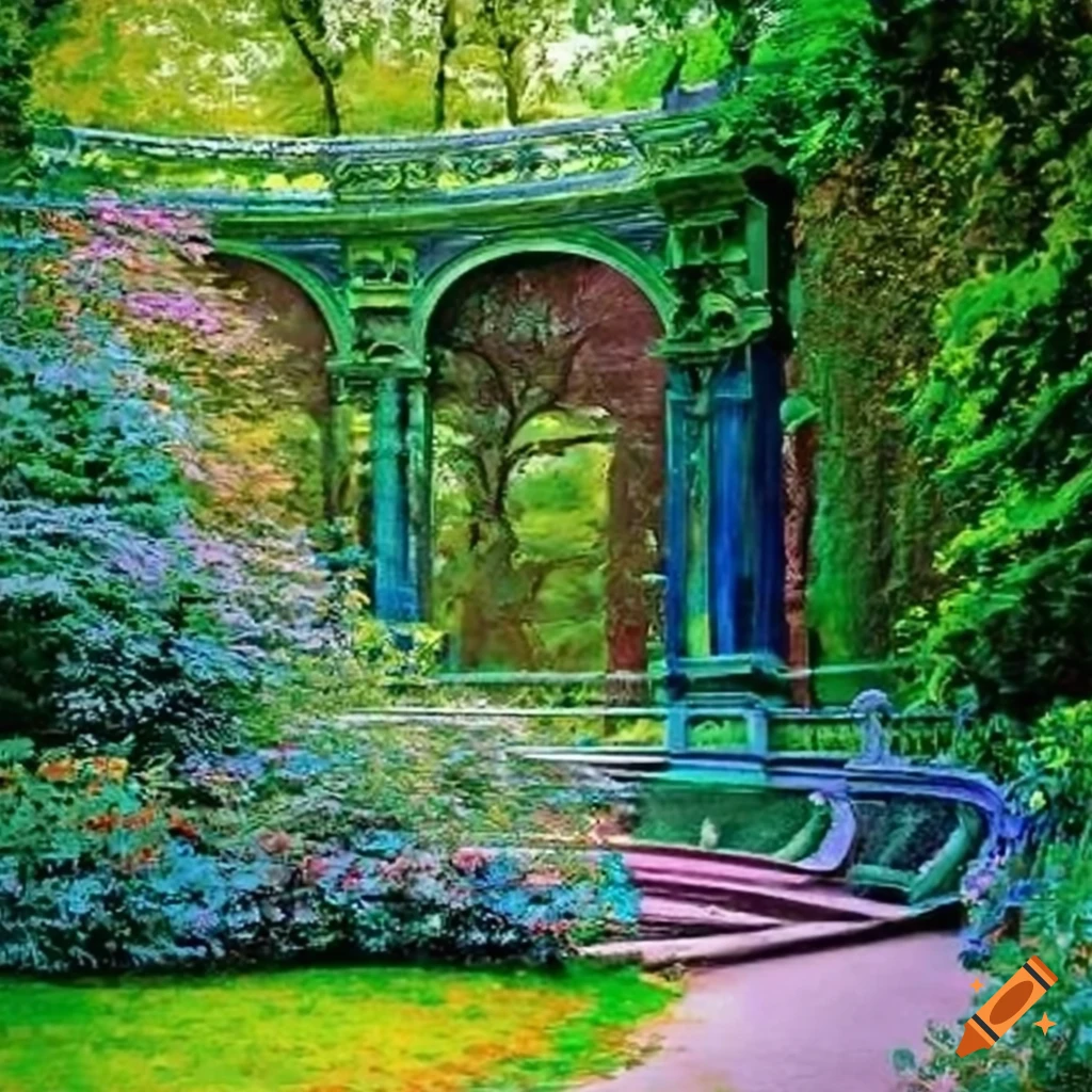 Painting of a victorian garden with curved stairs on Craiyon