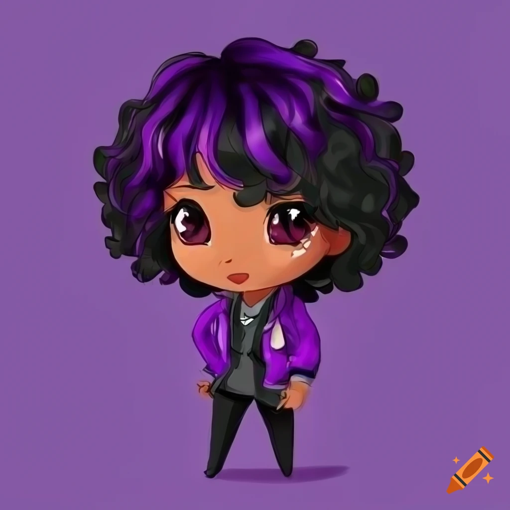 Cute chibi male character with short blue and pink hair, purple