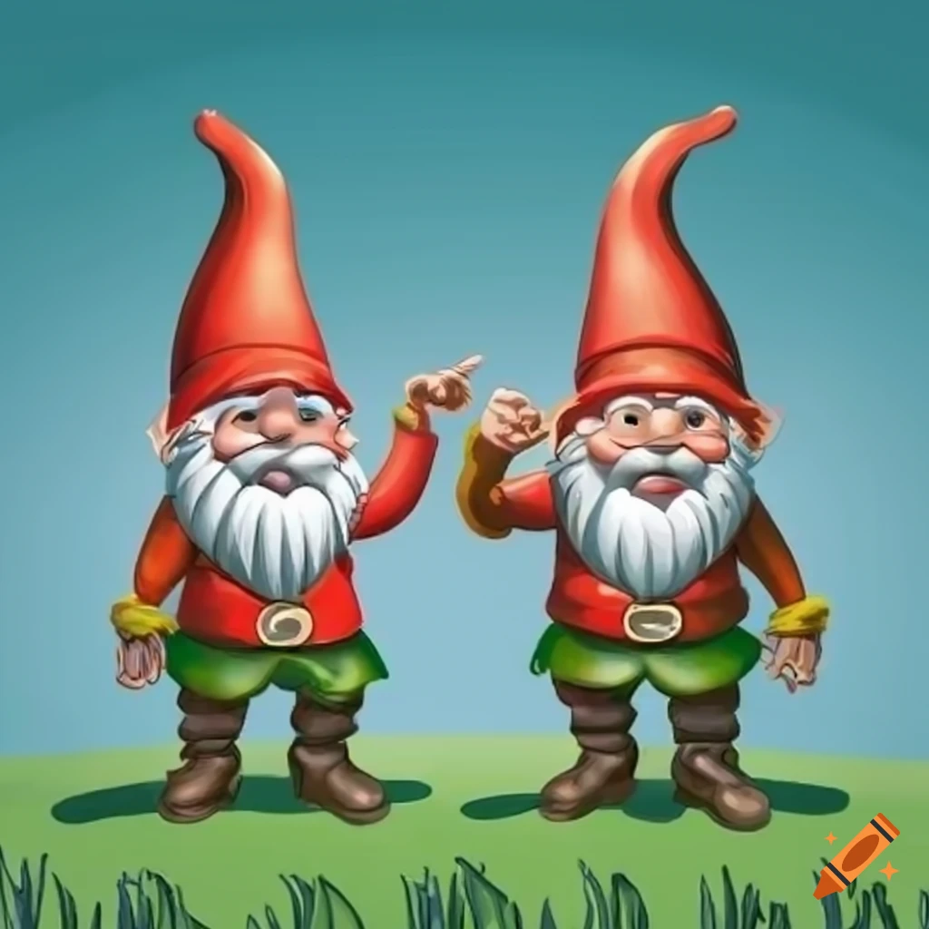 Cartoon image of two gnomes pointing up in a garden on Craiyon