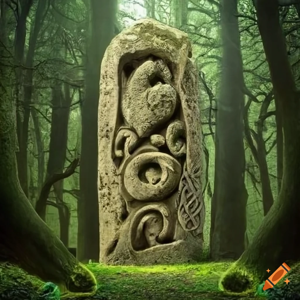 baroque artwork of carved stones in a mysterious forest