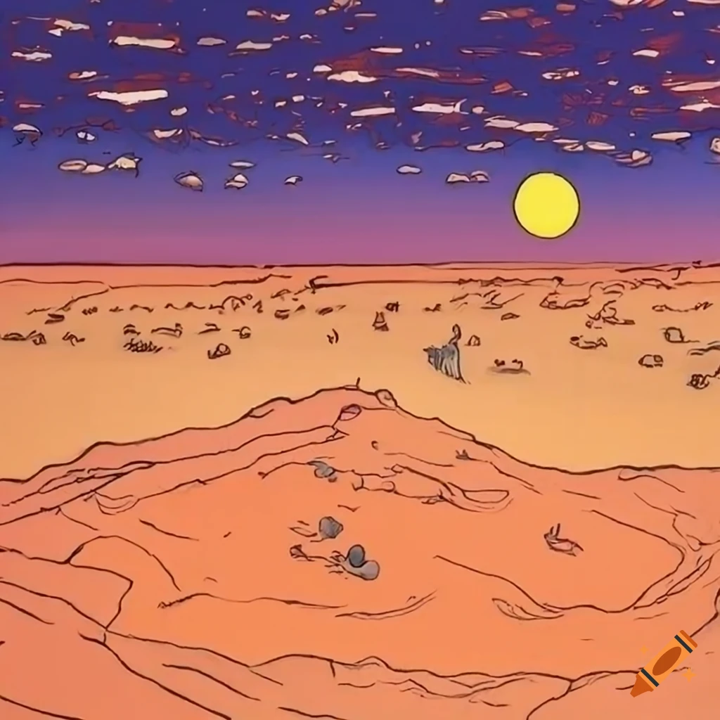 Moebius drawing of a desert landscape