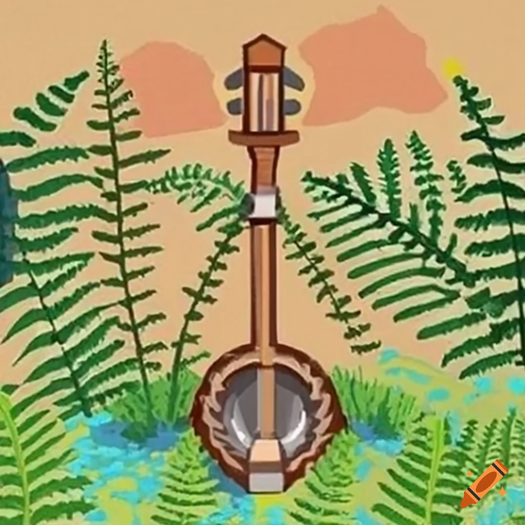 crayon drawing of a banjo in a cedar forest