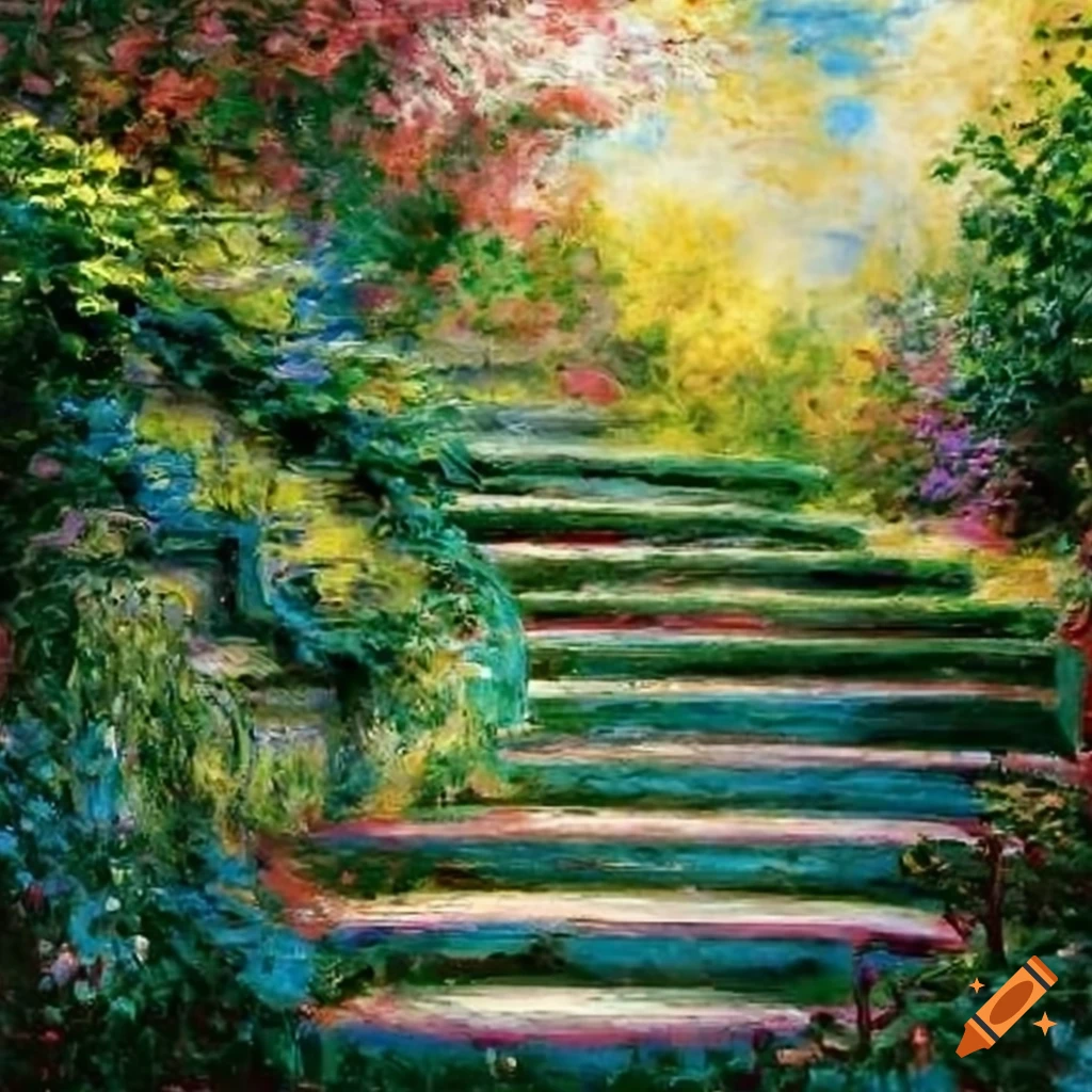 Painting of a victorian garden with curved stairs on Craiyon