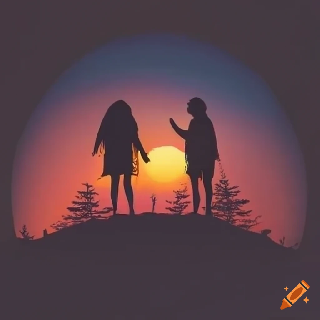 sunset silhouette of two people and a tent in the woods