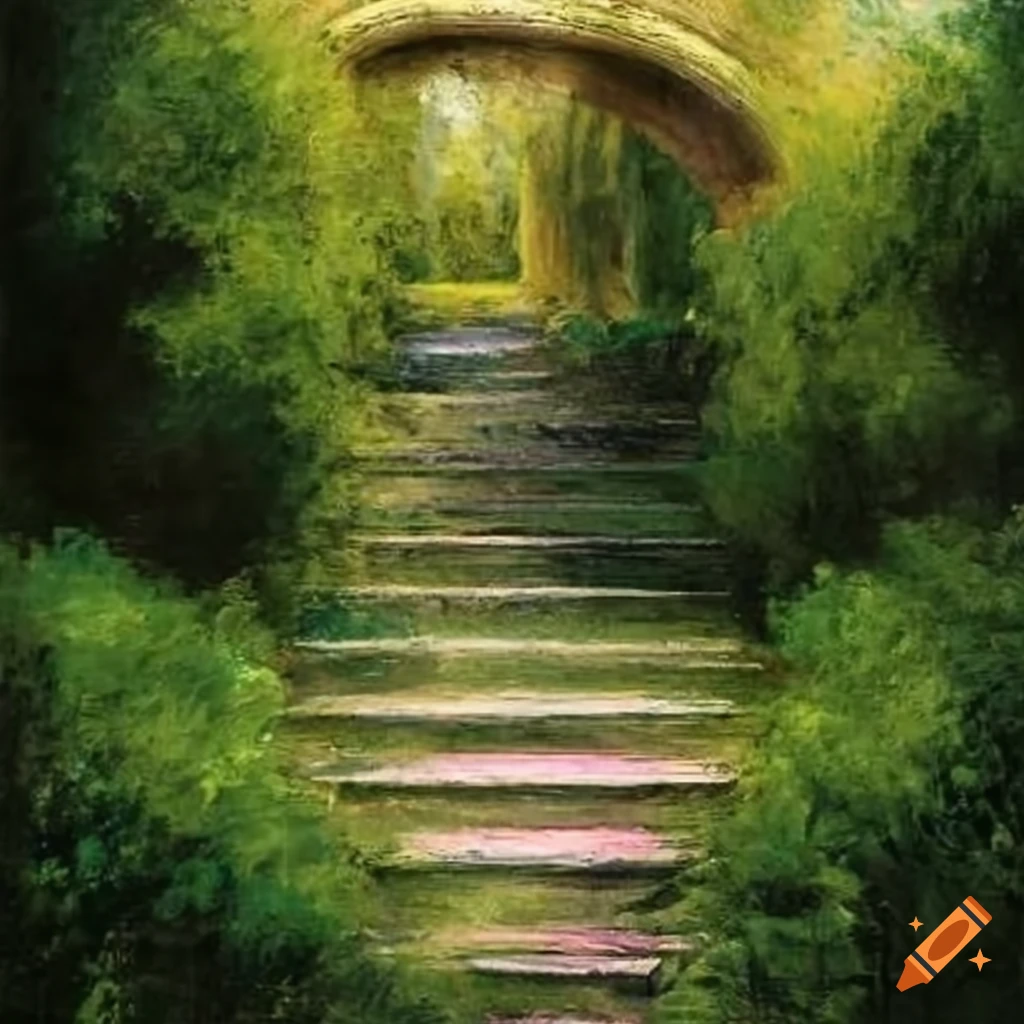 Painting of a victorian garden with curved stairs