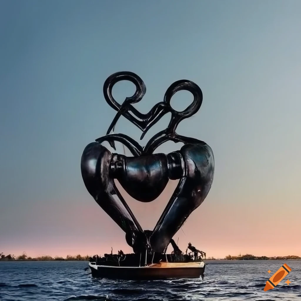 black steel robotic heart sculpture on a boat in Amsterdam