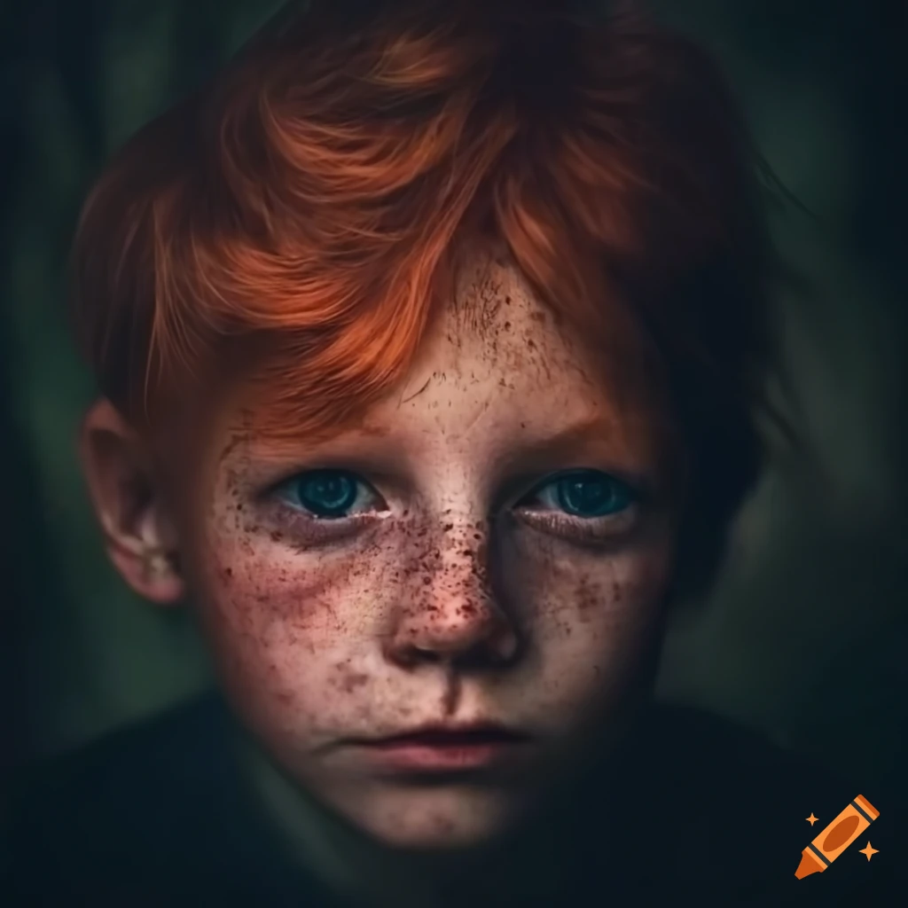 portrait of a red-haired boy in a dark forest