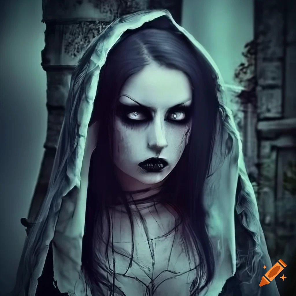 Gothic dark fantasy illustration of a maiden in torn white robes