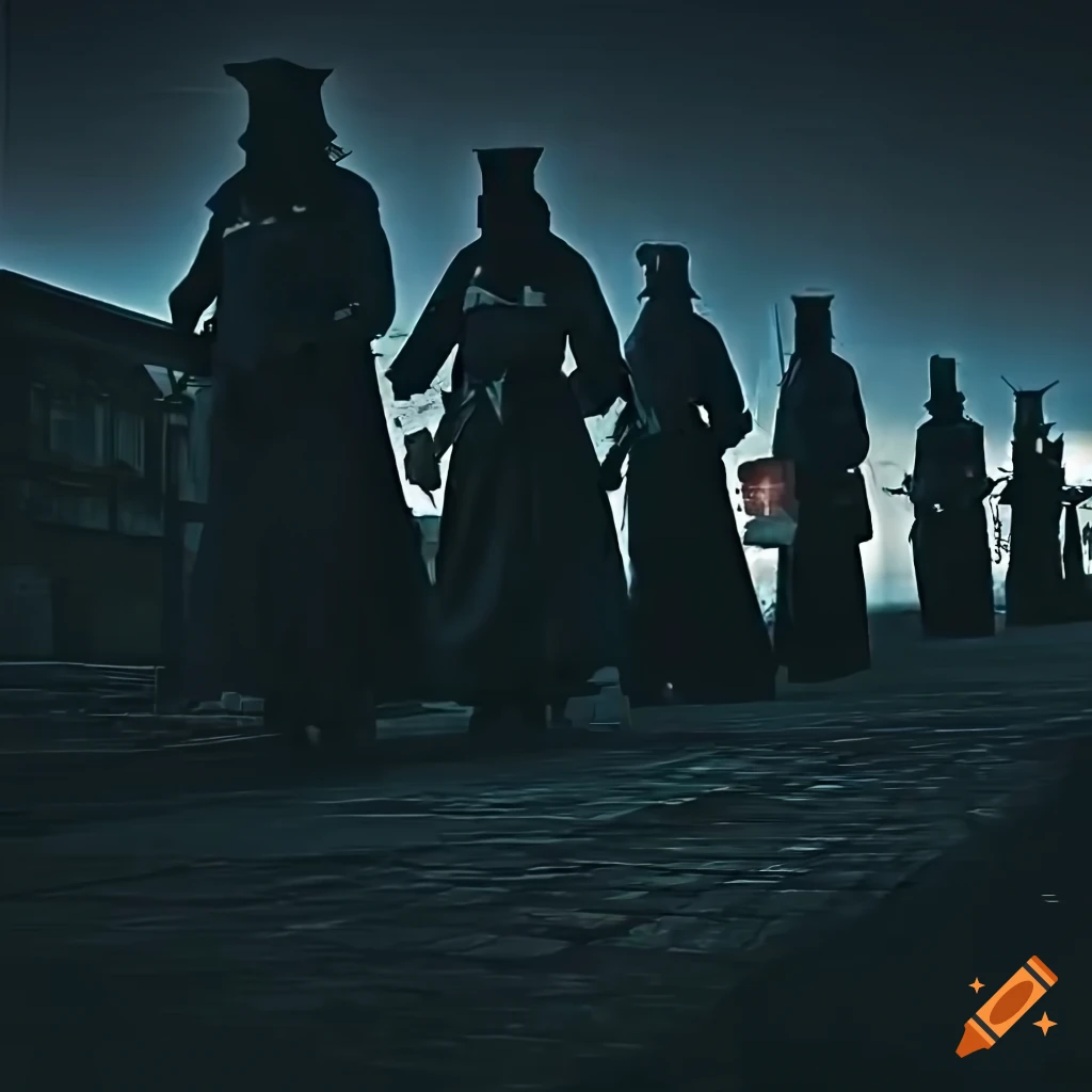 photo realistic image of plague doctors marching in a haunted junkyard at night