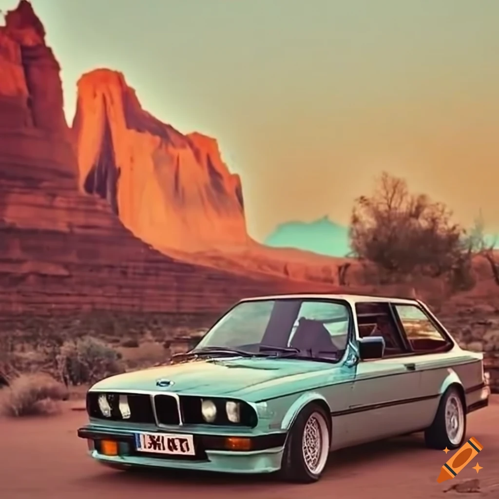 Vintage camping in Arizona with a BMW E30 on Craiyon