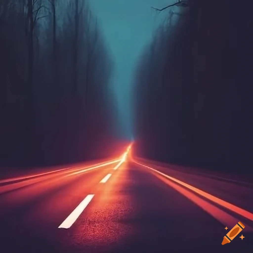 Car lights illuminating a dark road on Craiyon