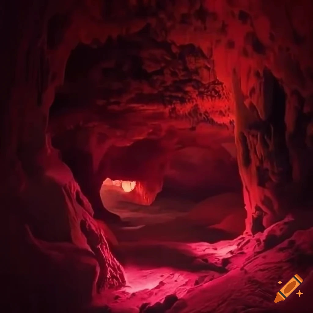cave with red glowing crystals