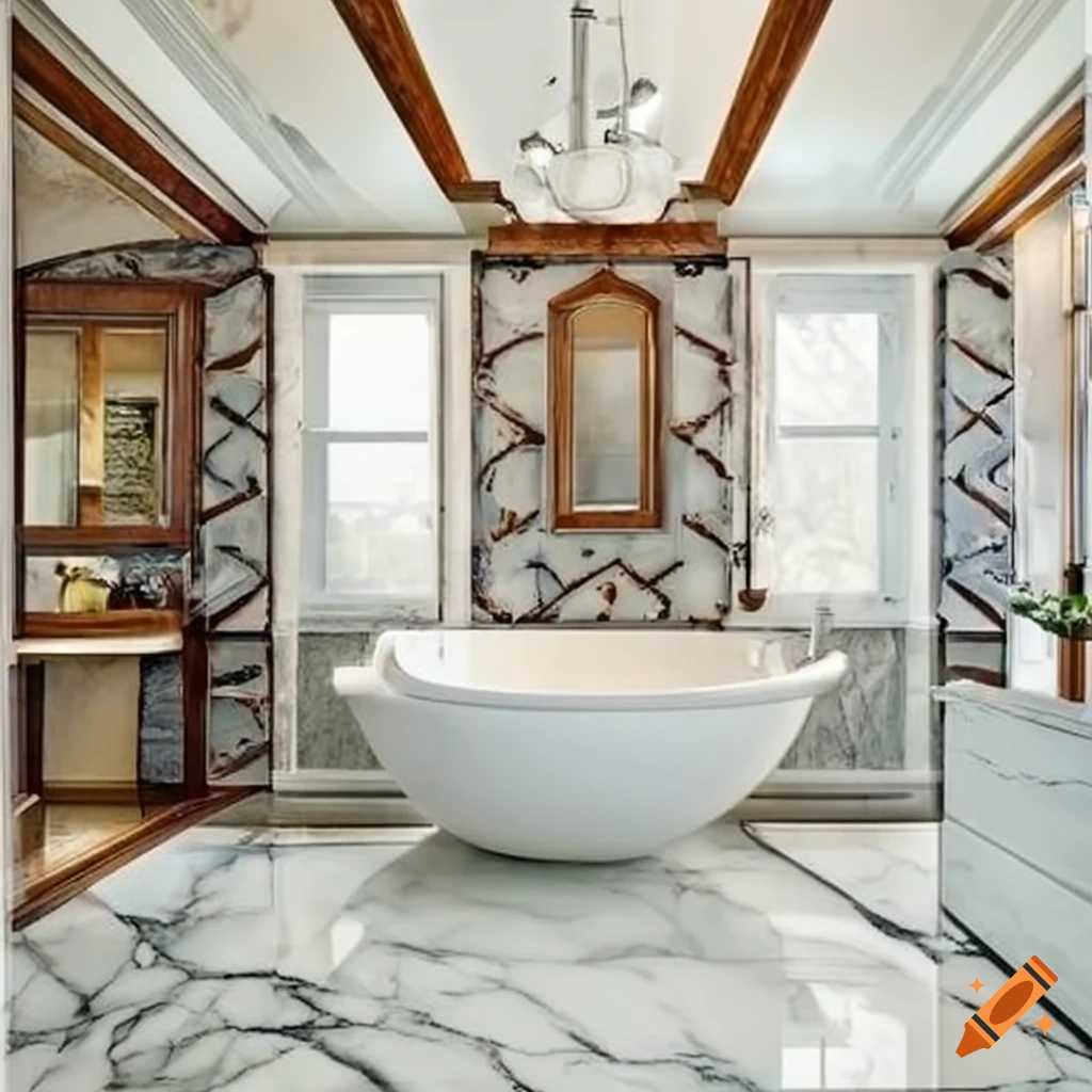 Pink bathroom with marble walls and floor, pink crystals and gold details  on Craiyon