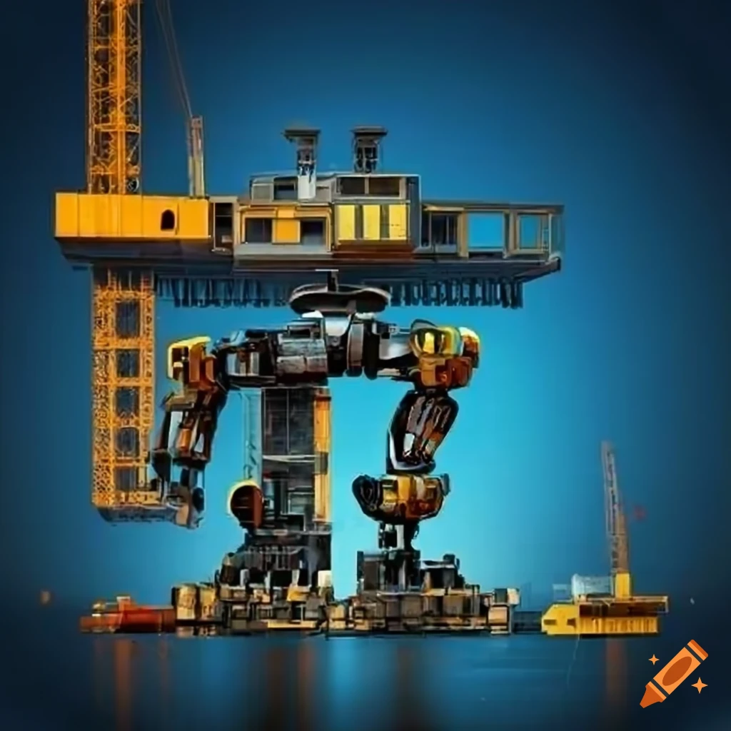 Digital art of a giant construction robot in a construction site on Craiyon