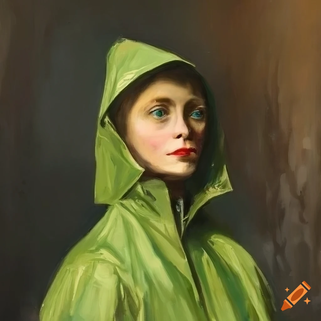 Painting of a woman in green raincoat under a streetlight