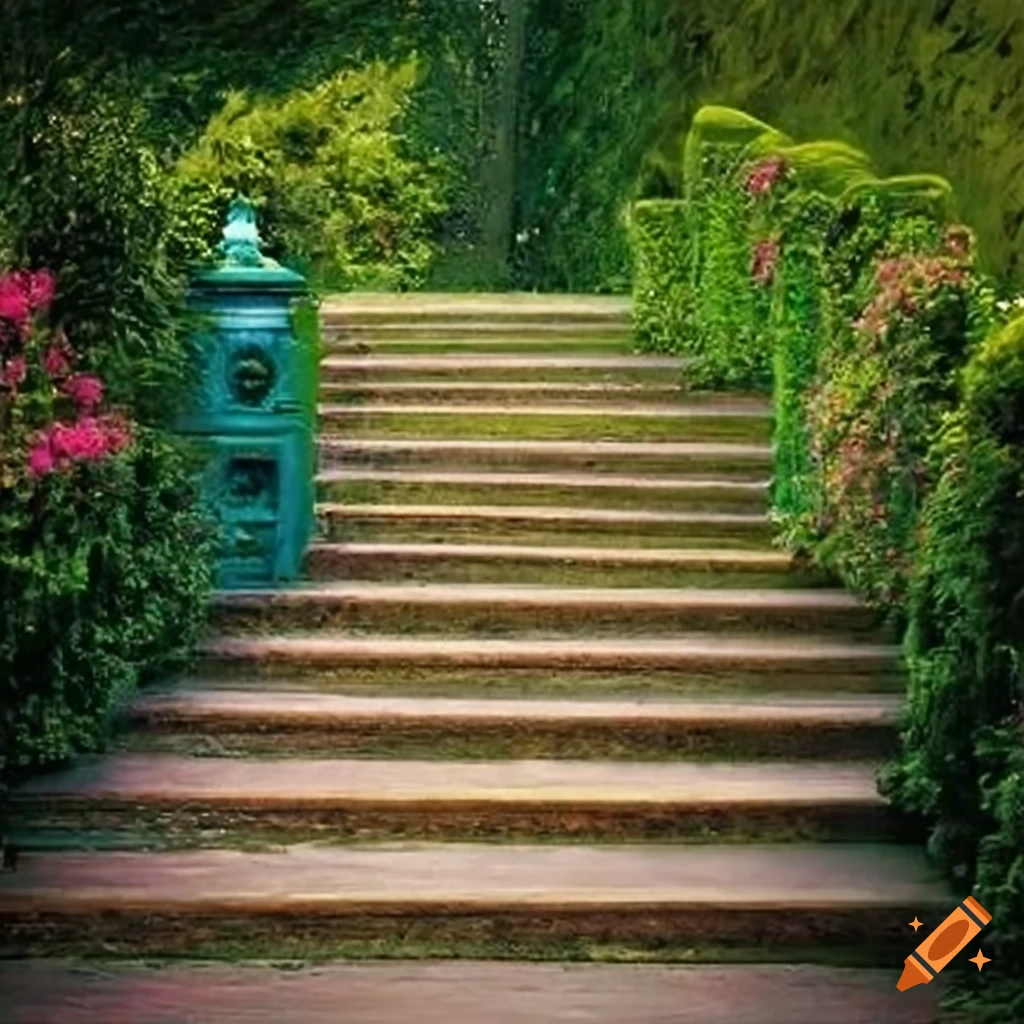 Painting of a victorian garden with curved stairs on Craiyon
