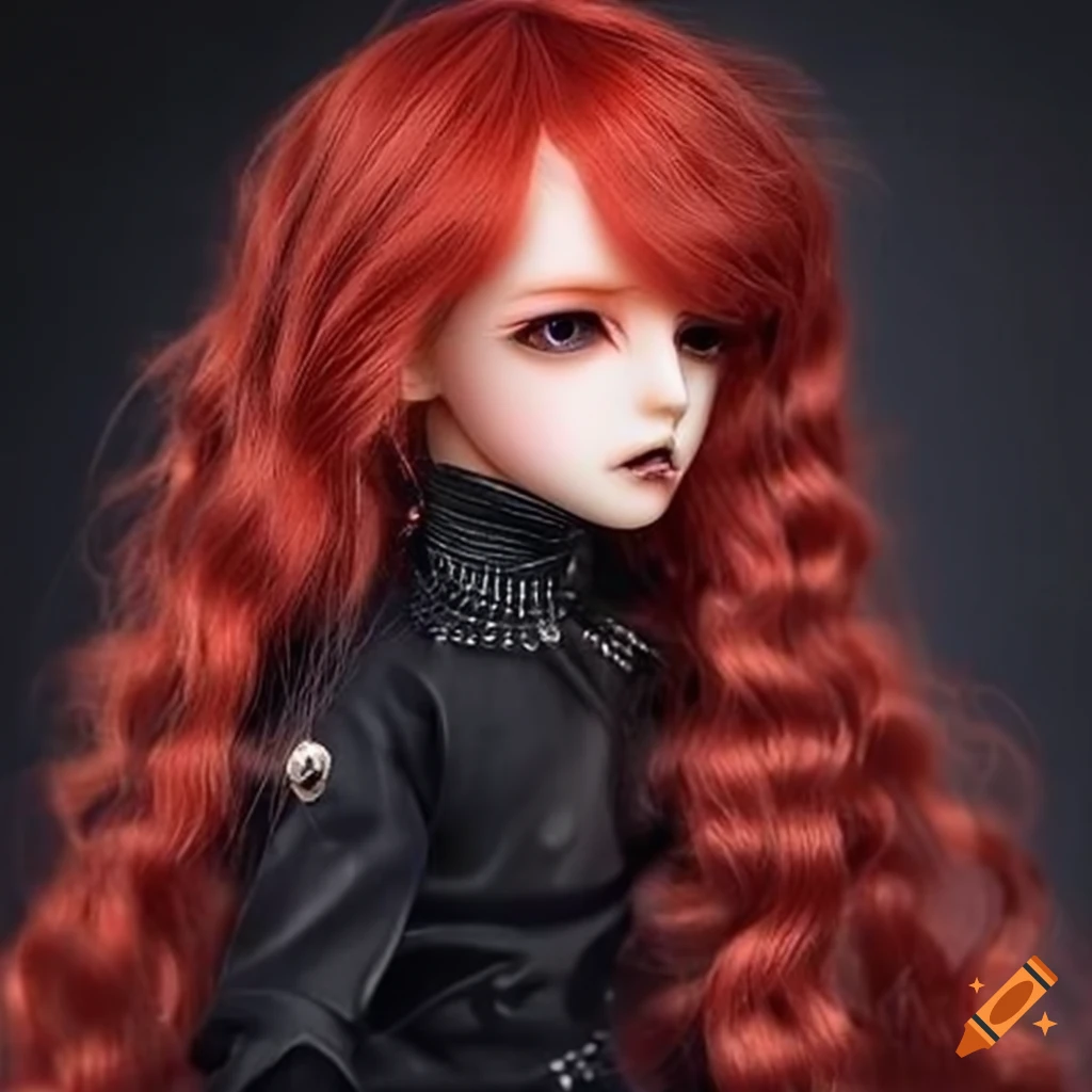 elegant gothic BJD boy with long red curly hair