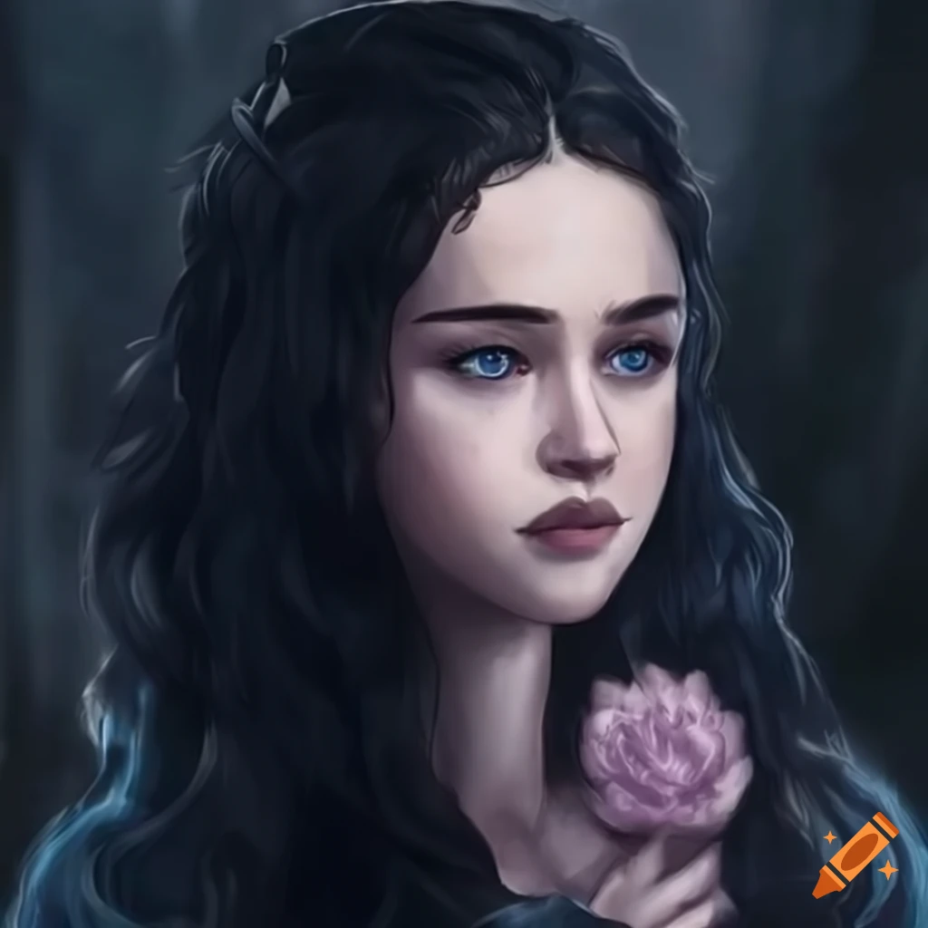 young girl with black hair and pale blue-violet eyes