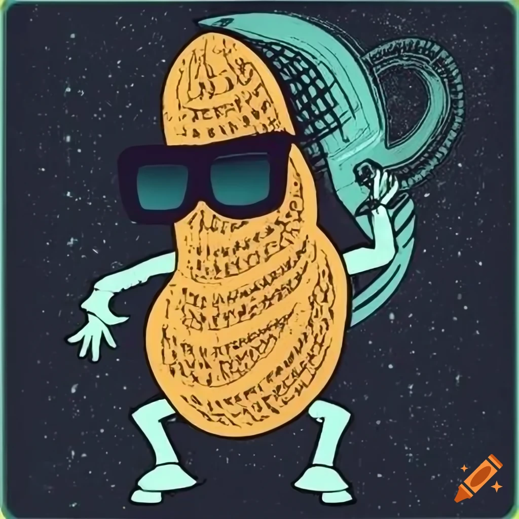 retro sci-fi movie poster of a sunglasses-wearing peanut being chased by an alien
