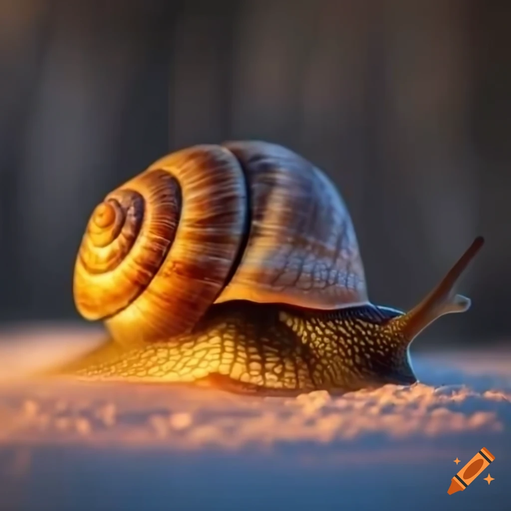 golden hour photo of a snail in the snow