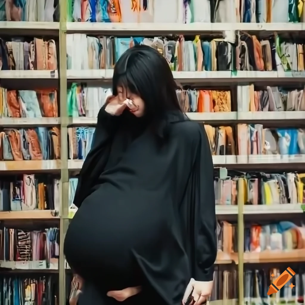 pregnant Chinese woman with giant belly in a bookstore