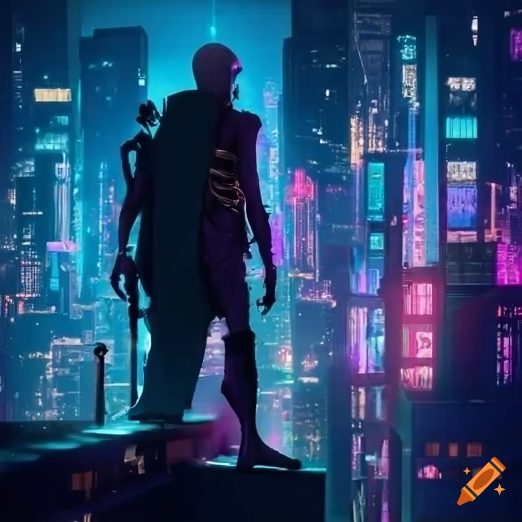 Samurai overlooking a neon-lit cyberpunk city