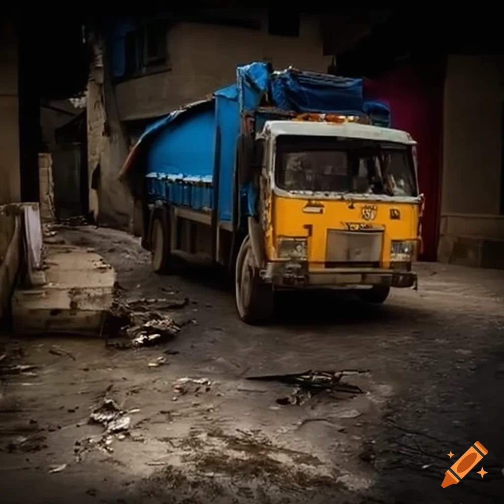 image of a garbage truck in a poor neighborhood