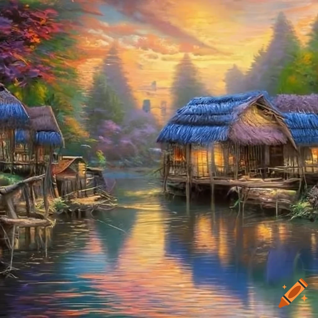 painting of nipa huts near a river