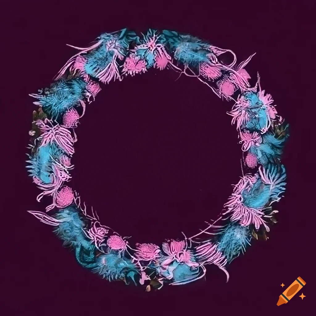 Line art of a decorative wreath made of honeysuckle and thistle flowers