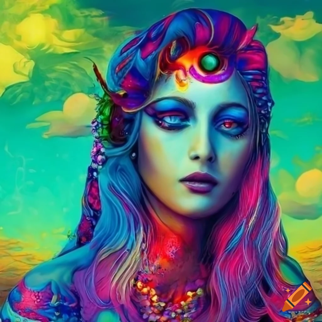 Surreal depiction of a goddess in a vibrant psychedelic world on Craiyon