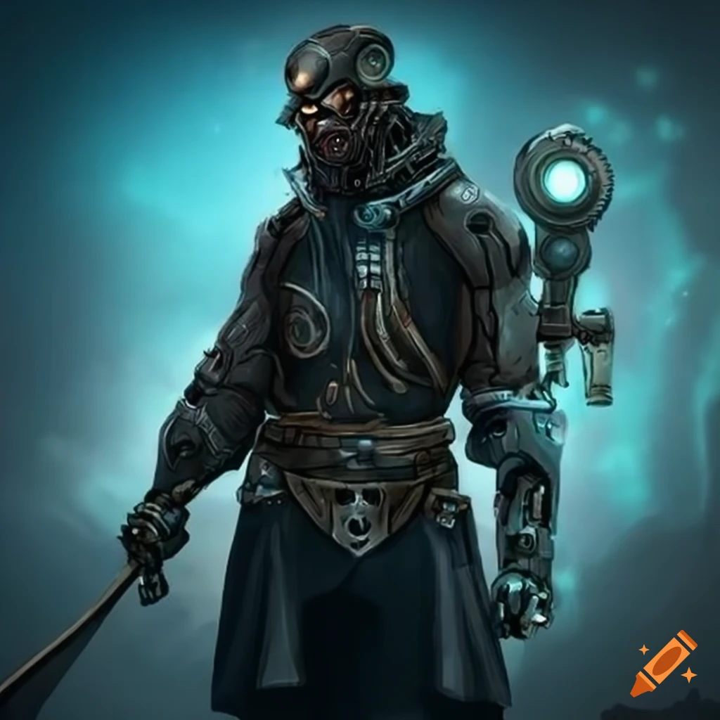 image of a futuristic cyborg pirate in trading gear