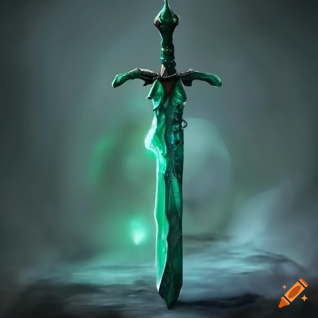 photorealistic image of a glowing green crystal sword