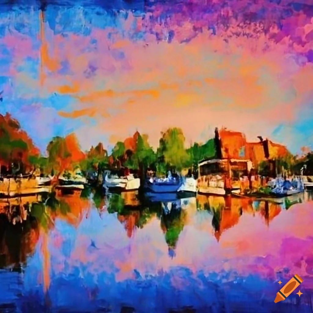 Impressionist painting of a colorful city near a river