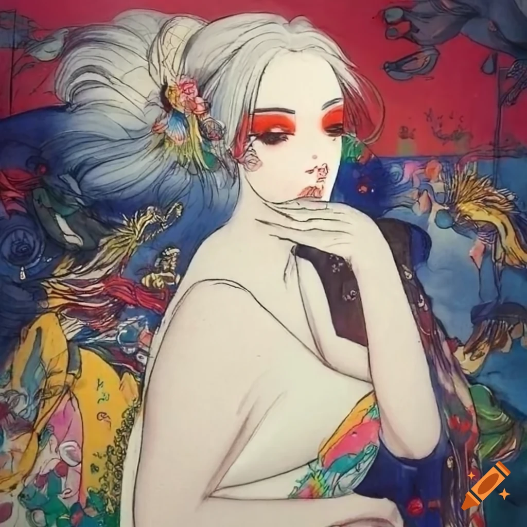 colorful manga sketch of a Japanese woman in white