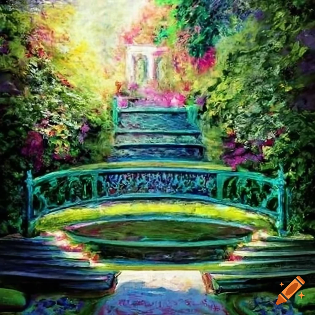 Painting of a victorian garden with curved stairs on Craiyon