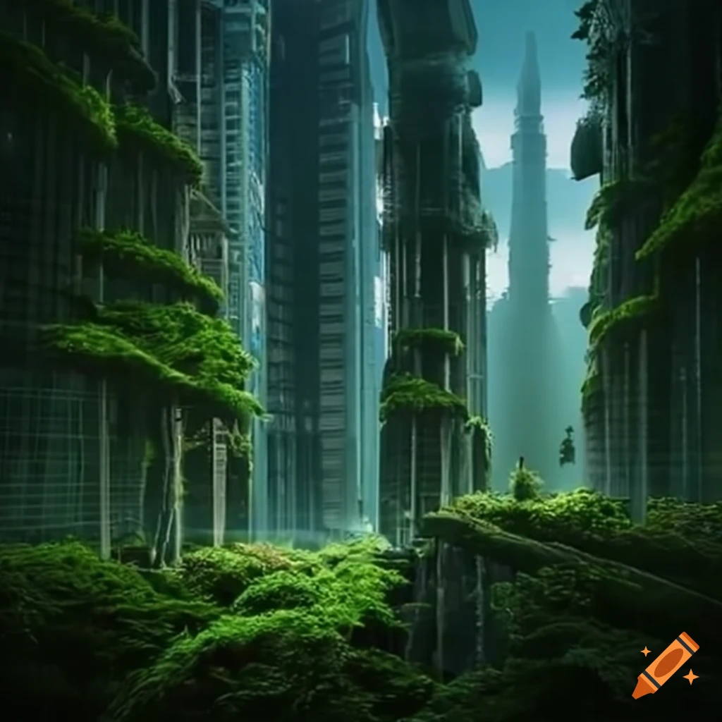 Futuristic green solarpunk city with lots of trees