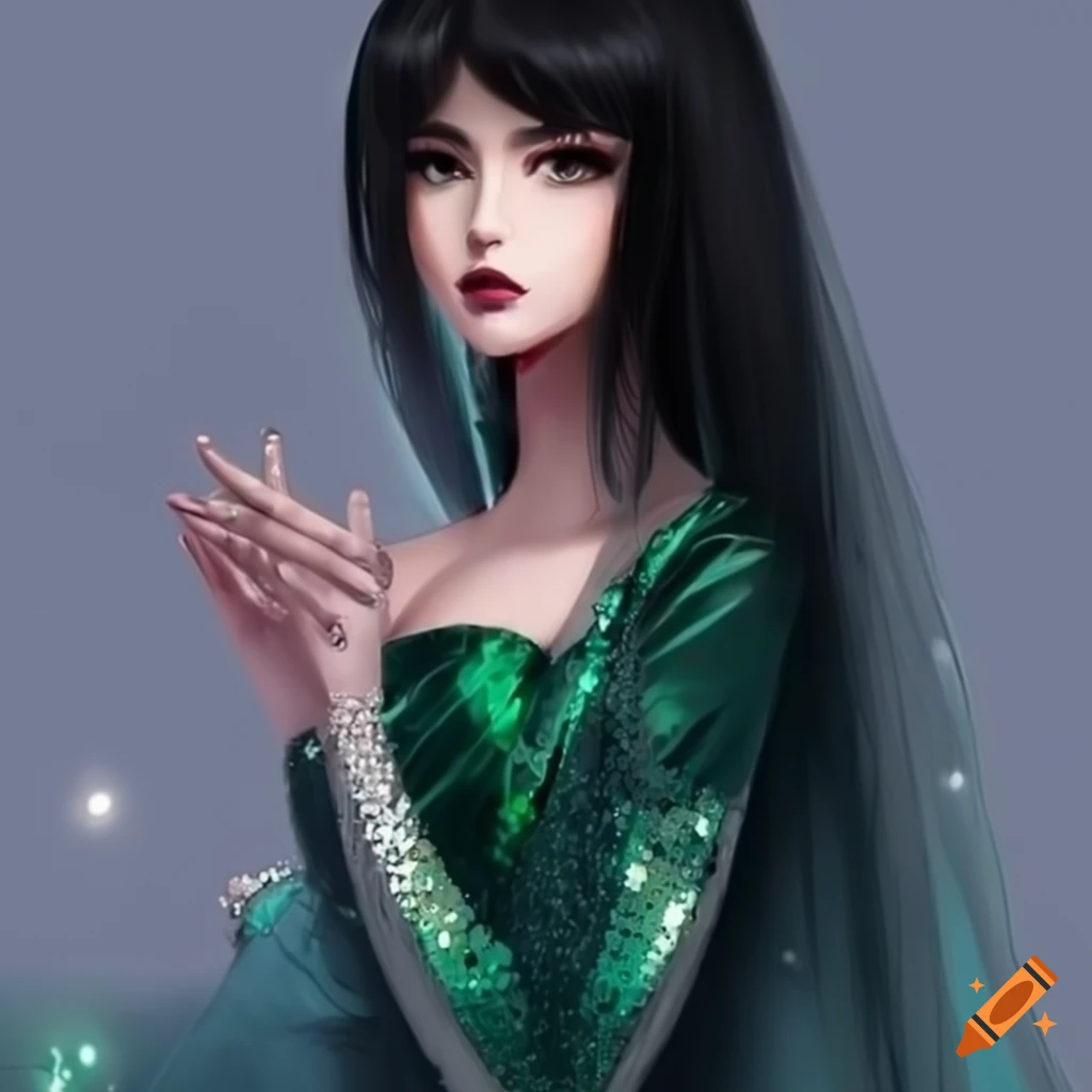 image of a beautiful princess in a green sequin satin dress