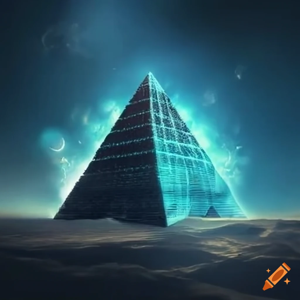 Futuristic pyramid flying in the sky