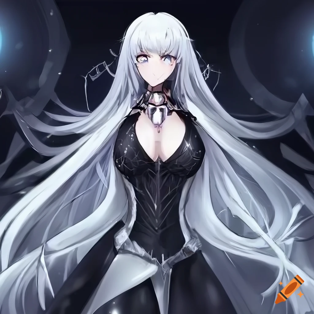 detailed anime woman with long white hair and silver grey eyes