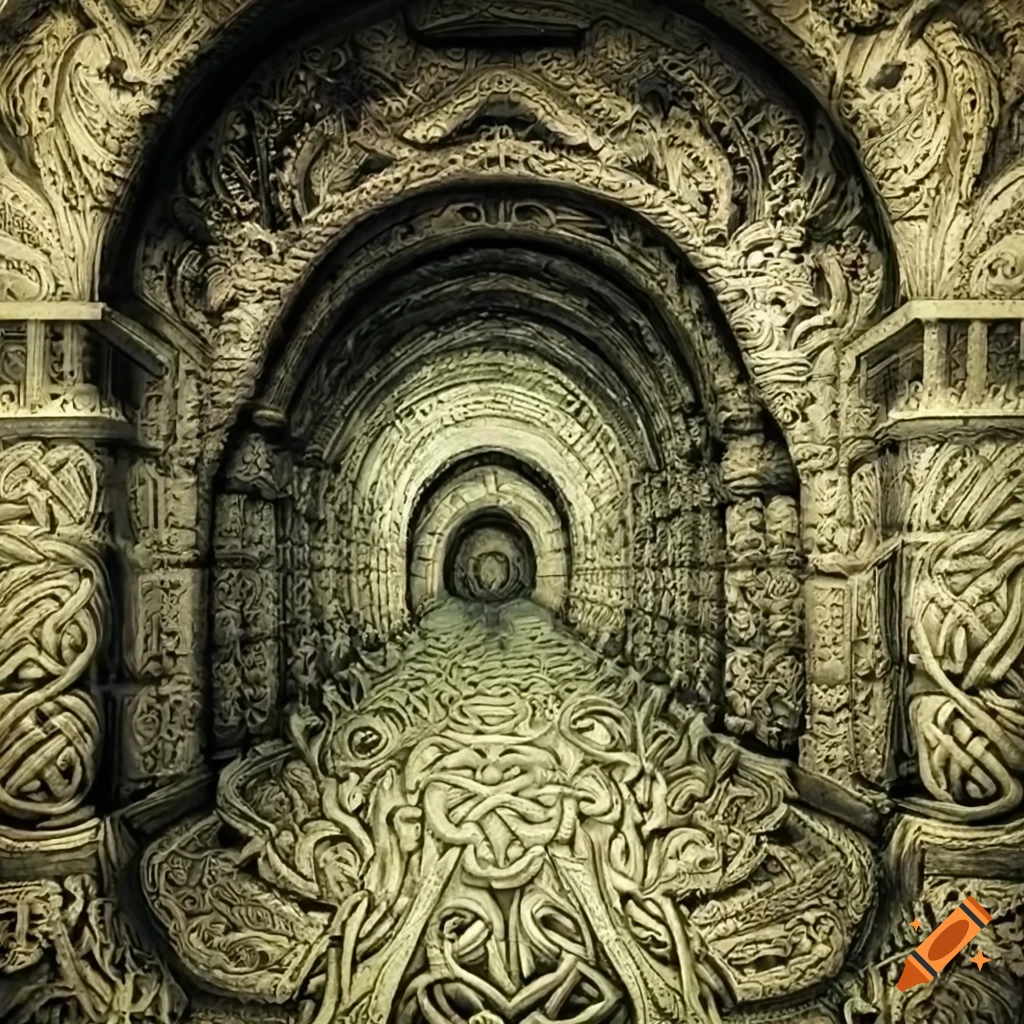 Baroque artwork of an underground tunnel with intricate carvings