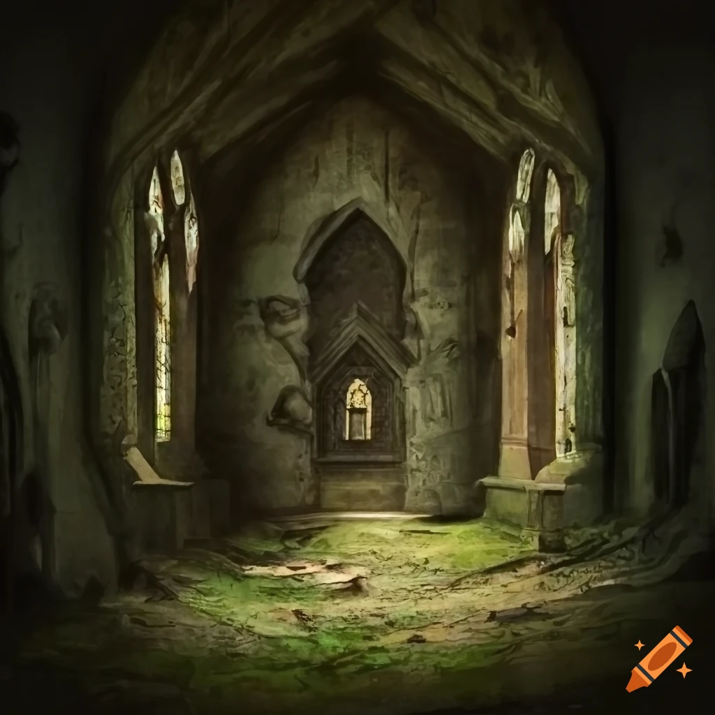 Concept art of a dilapidated chapel with mosscovered walls on Craiyon