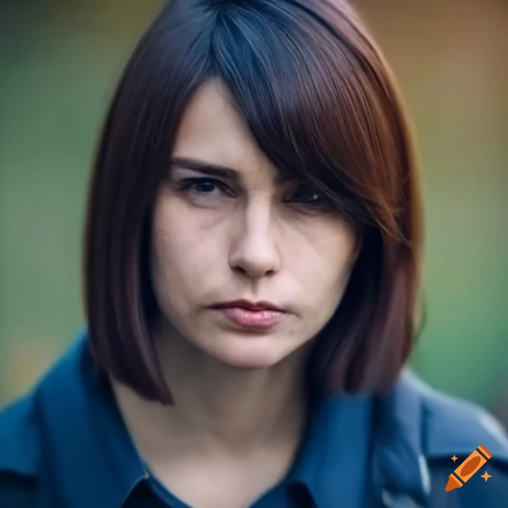 Profile picture of a serious brunette woman with layered bob hairstyle
