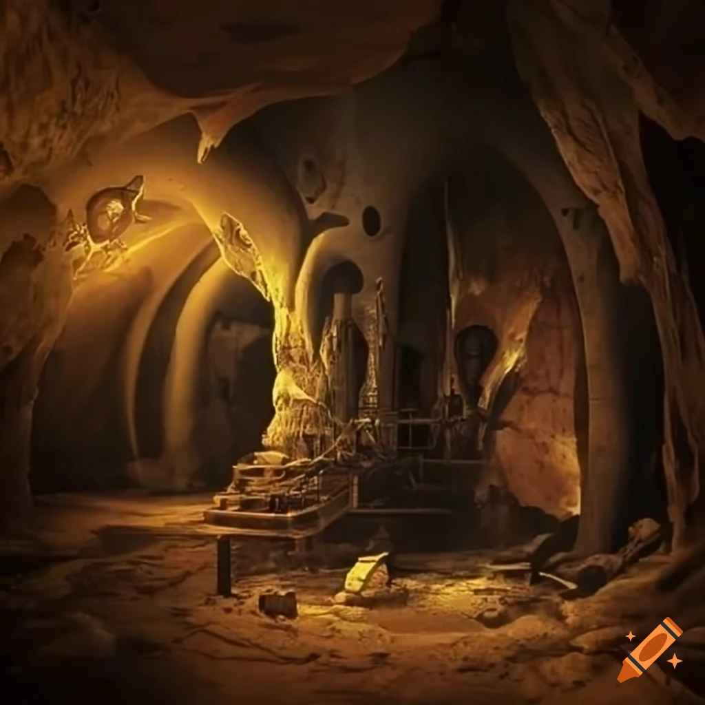 image of a rusted and broken steampunk machinery in a cave