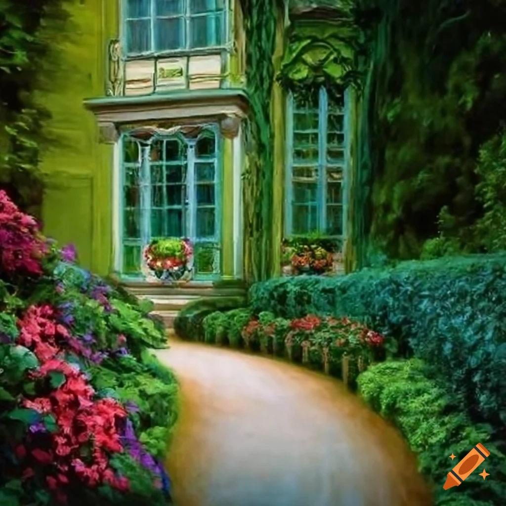 Painting of a victorian garden with curved stairs on Craiyon