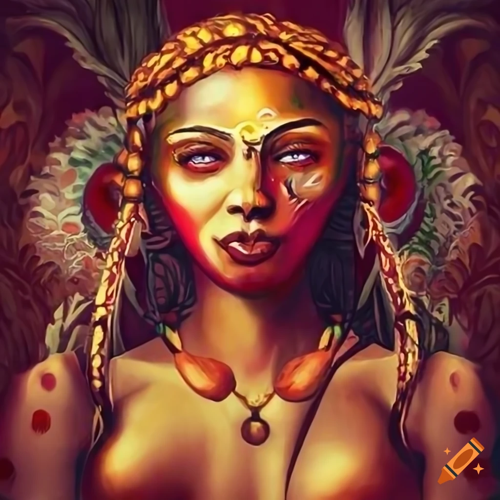 Image Of The Goddess Of Cacao With A Cacao Tree In The Background On image-of-the-goddess-of-cacao-with-a-cacao-tree-in-the-background-on