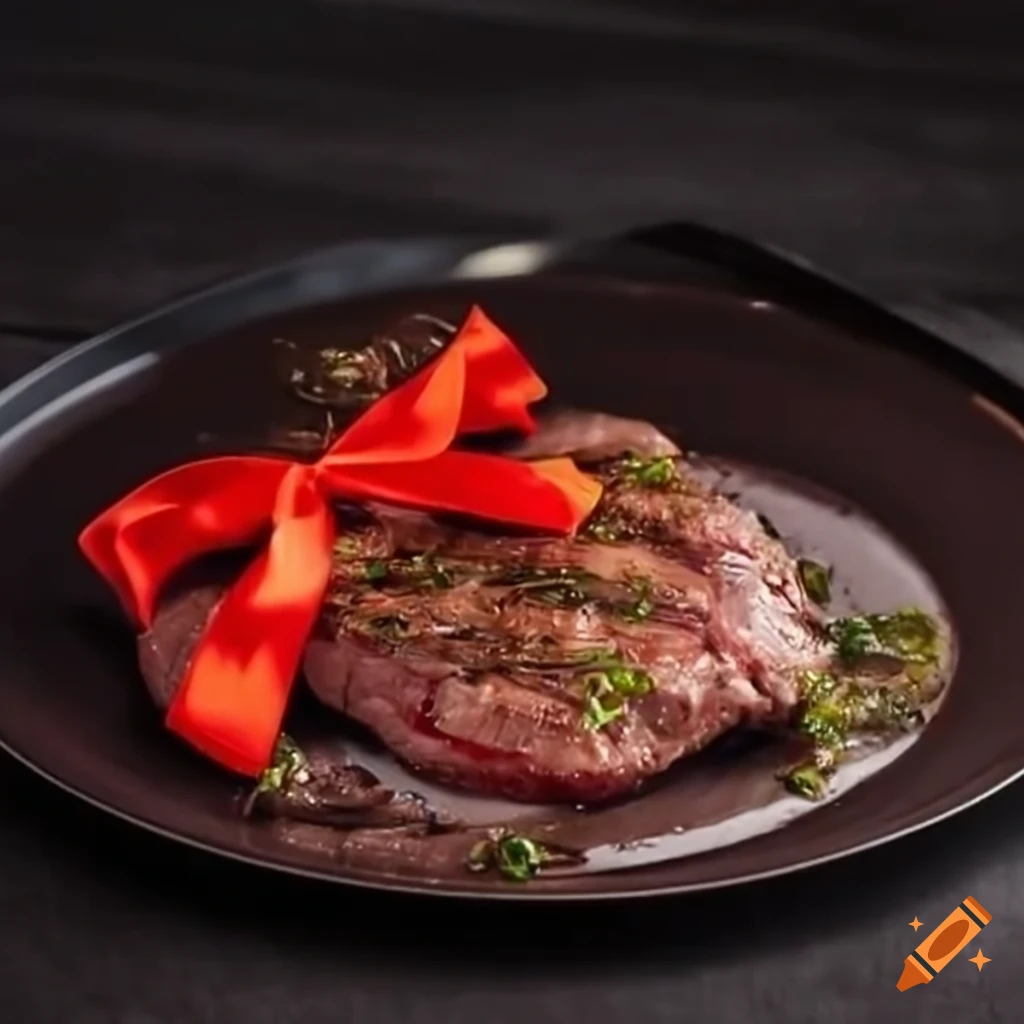 gourmet steak dinner with a decorative bow